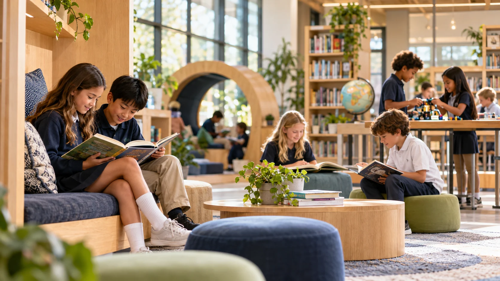 Elevi citind și explorând într-o bibliotecă modernă
