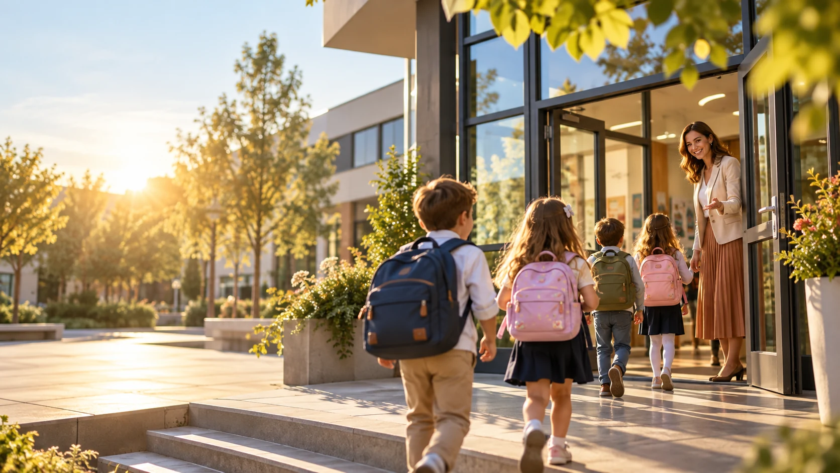 Copii care sosesc dimineața la școală, întâmpinați de o profesoară